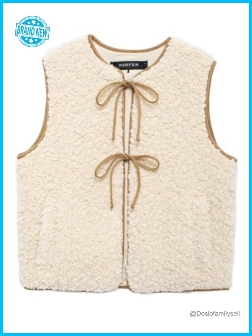 Fuzzy Fleece Vest Crewneck Sleeveless Sherpa Tie Front Cardigan with Pockets